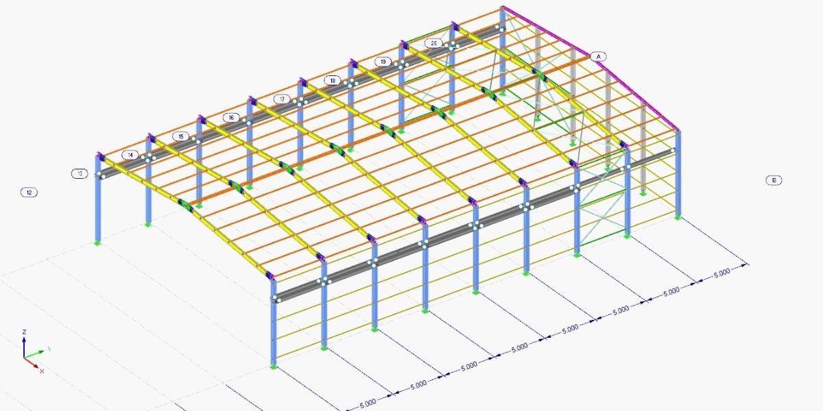 Vue 3D d'un batiment industriel a structure metallique vérifiée par Veronika Balint ingénieure structures Sur les département de l'Eure et de seine Maritime